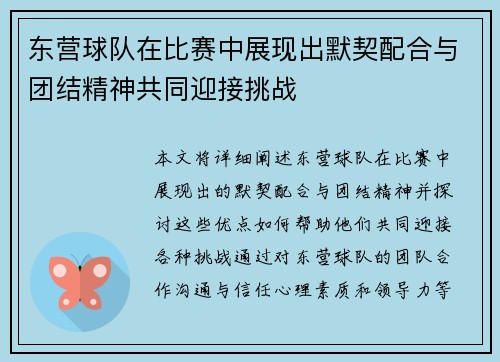 东营球队在比赛中展现出默契配合与团结精神共同迎接挑战