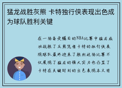 猛龙战胜灰熊 卡特独行侠表现出色成为球队胜利关键