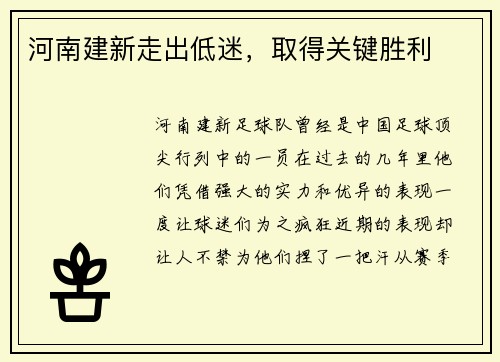 河南建新走出低迷，取得关键胜利