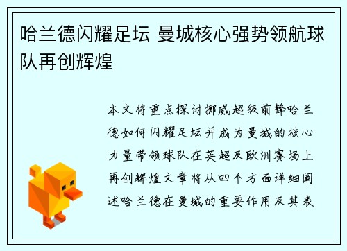 哈兰德闪耀足坛 曼城核心强势领航球队再创辉煌