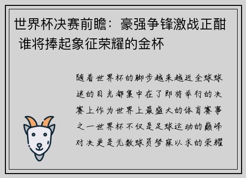 世界杯决赛前瞻：豪强争锋激战正酣 谁将捧起象征荣耀的金杯