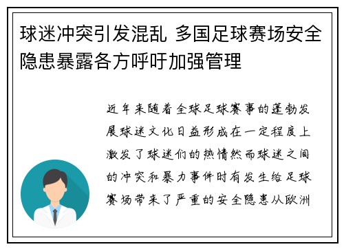 球迷冲突引发混乱 多国足球赛场安全隐患暴露各方呼吁加强管理